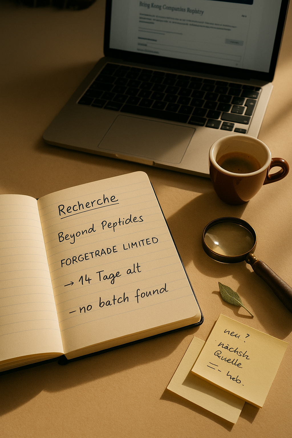 Notizbuch mit handschriftlichen Recherche-Notizen